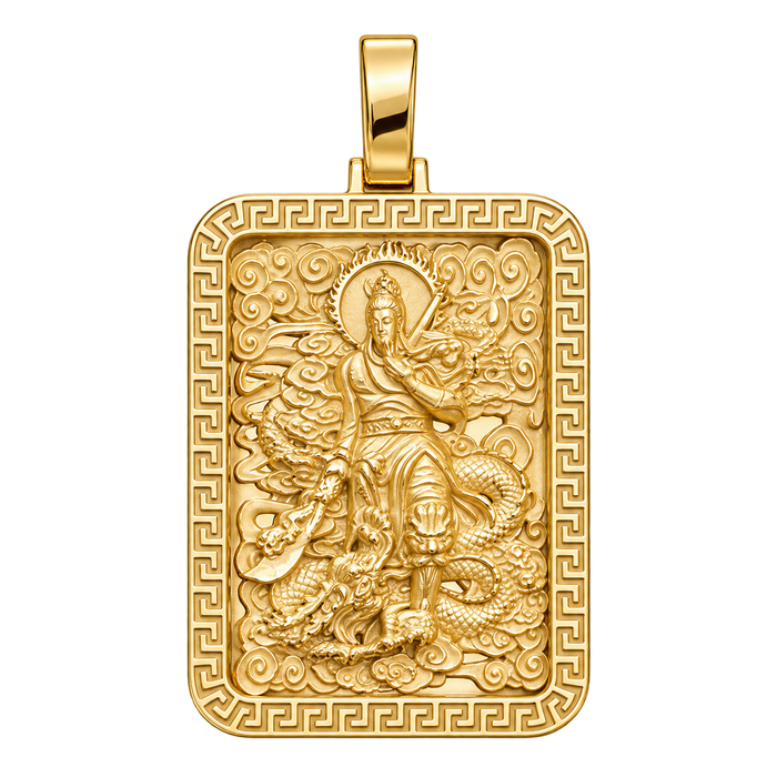God of War Rectangular Pendant — polished yellow gold on transparent background