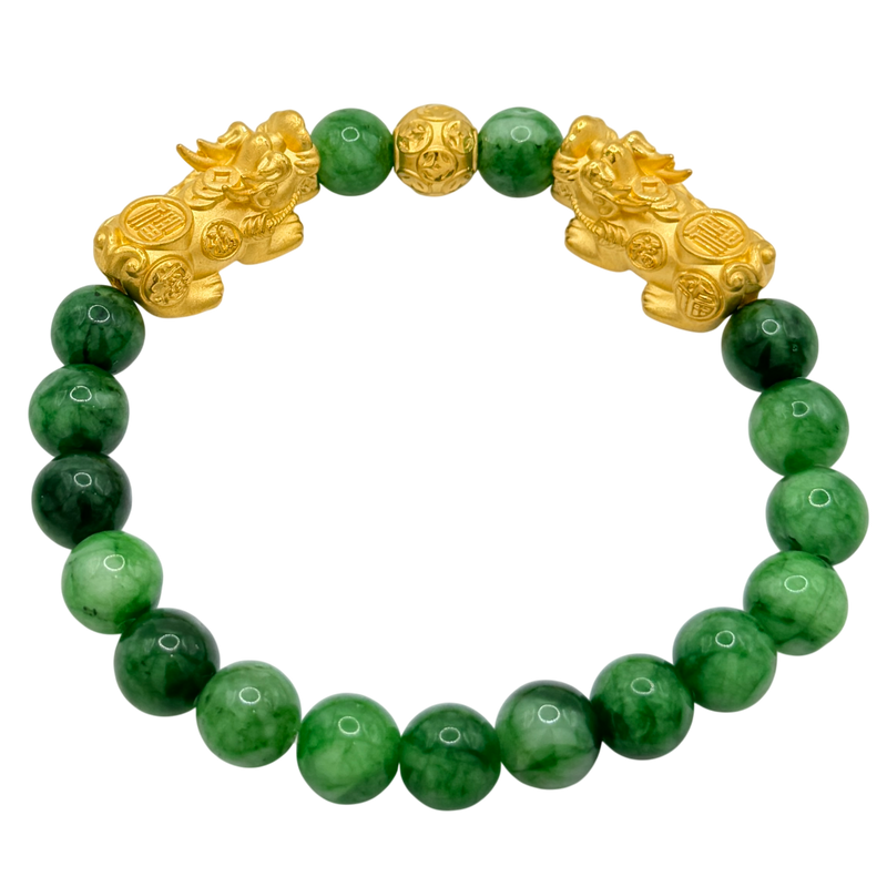 24K Yellow Gold Double Pi Xiu & Money Coin Ball Green Jade Bead Bracelet
