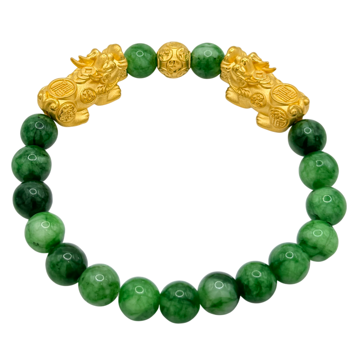 24K Yellow Gold Double Fudog Money Coin Ball Green Jade Bead