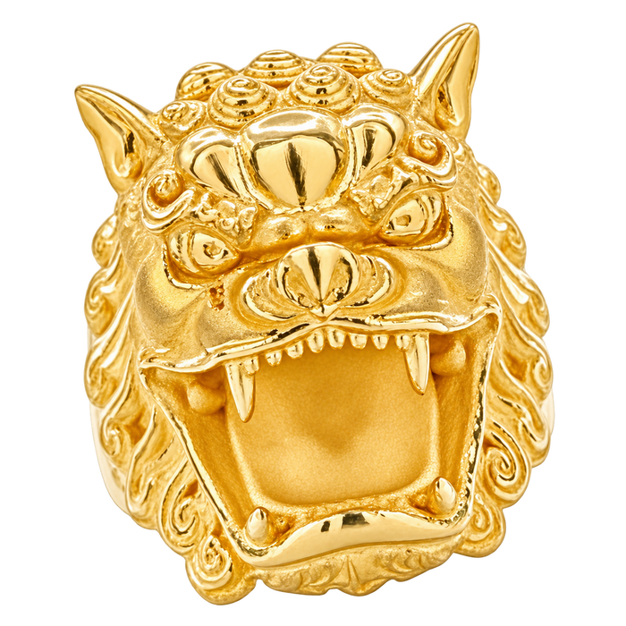 Polished yellow gold Growling Fudog Ring on a transparent background