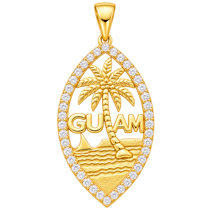 Guam diamond palm tree pendant with ocean waves and sailboat on a transparent background