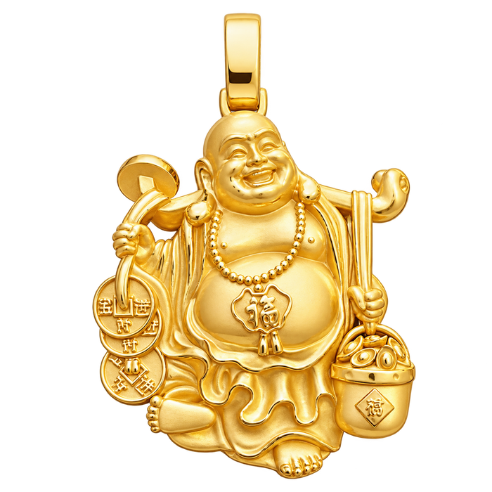 Happy Buddha Pendant — polished yellow gold on transparent background