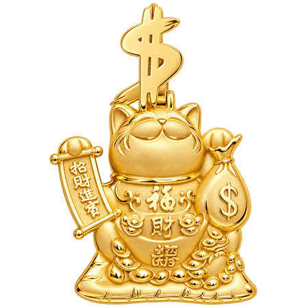 Happy Money Cat Pendant — polished yellow gold on transparent background
