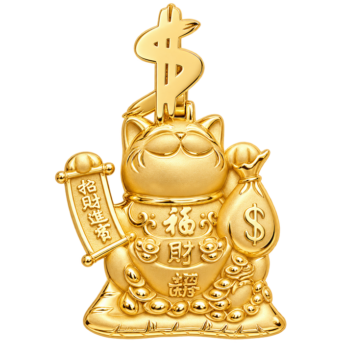 Happy Money Cat Pendant — polished yellow gold on transparent background