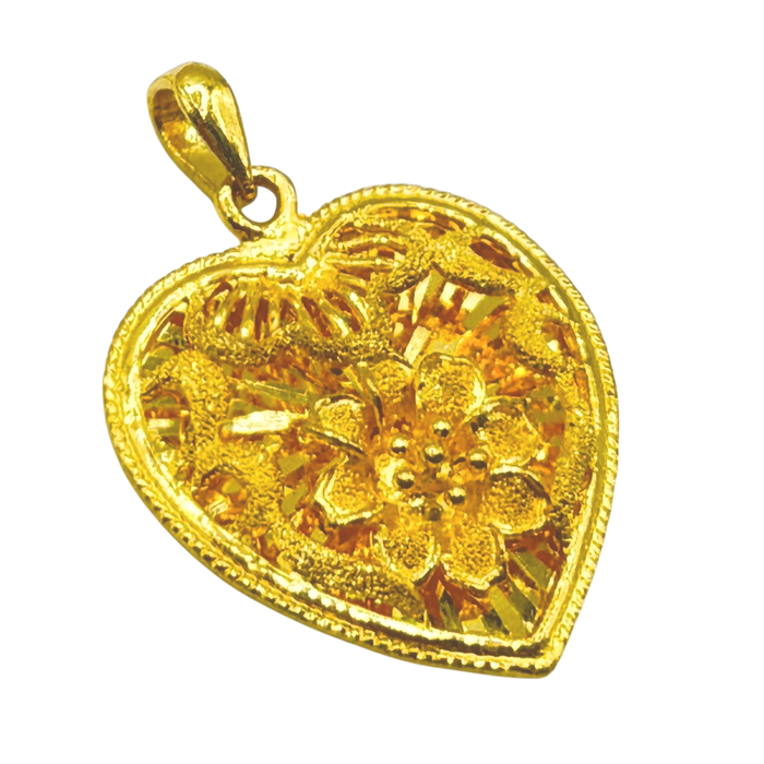 24K Yellow Gold Hibiscus Flower Heart Pendant