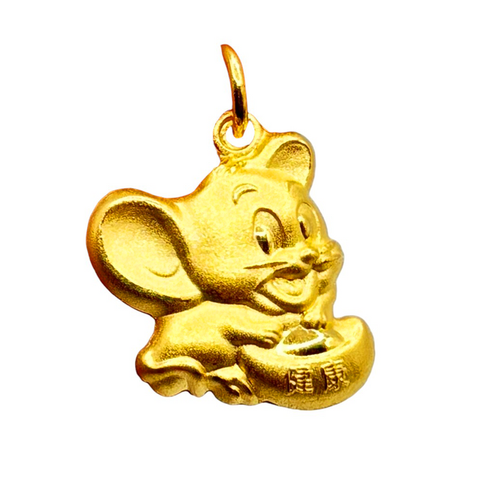 24K Yellow Gold Hollow Chinese Mouse Pendant