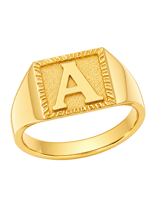Polished yellow gold Initial Signet Ring on a transparent background
