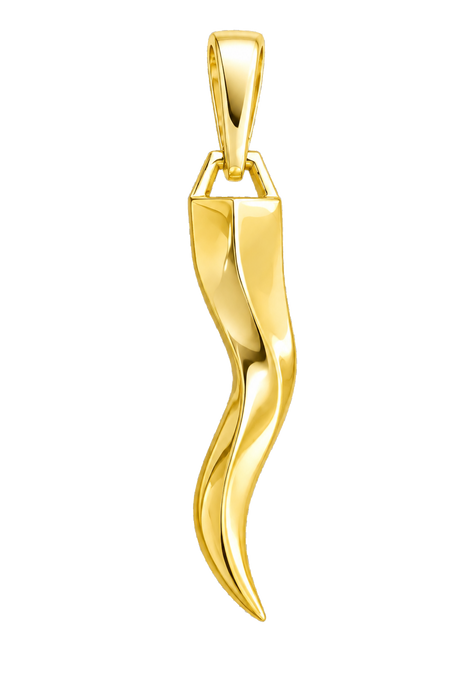 Italian Cornicello horn pendant in polished yellow gold with a faceted S-curve and matching bail