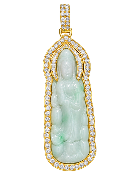 Custom Jade Lady Buddha (Guan Yin) Round and Baguette Diamond Wrap Pendant — yellow gold