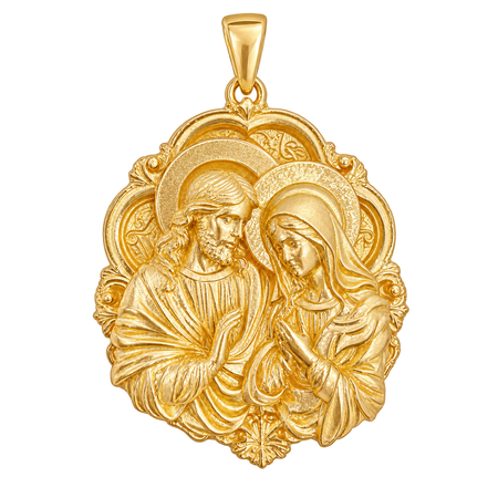Jesus and Virgin Mary ornate yellow gold pendant, polished front view