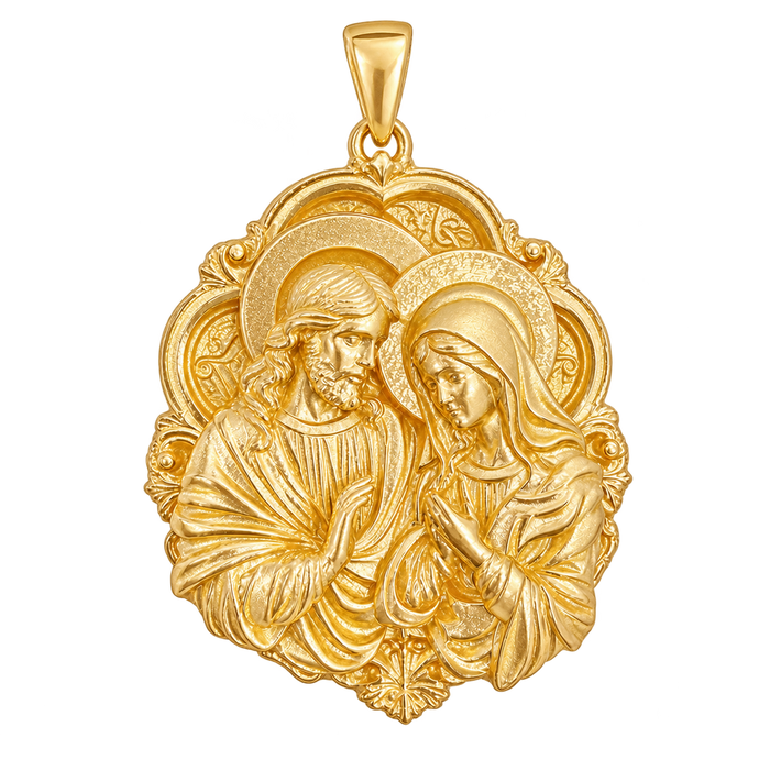Jesus and Virgin Mary ornate yellow gold pendant, polished front view