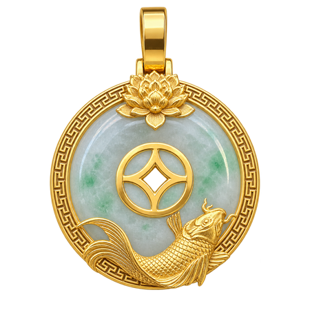 Koi and lotus jade pendant in yellow gold, refined front view