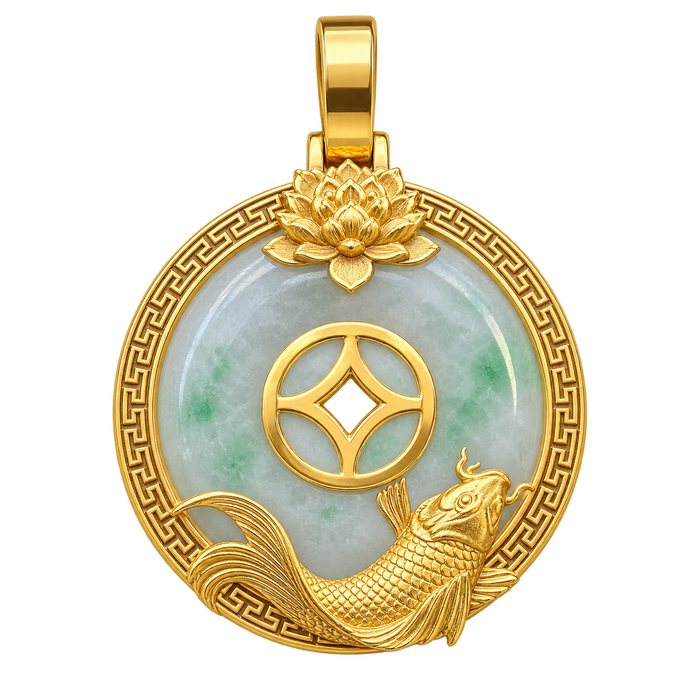 Koi and lotus jade pendant in yellow gold, refined front view