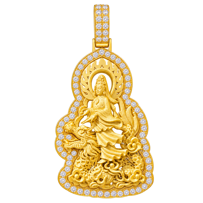 Lady Buddha (Guan Yin) Riding a Dragon Diamond Pendant in yellow gold on a transparent background
