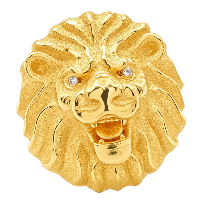 Polished yellow gold Lion Ring with white diamond eyes on a transparent background