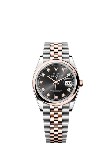 Rolex Two-Tone (RG/SS) Datejust - 36mm - Bright black Diamond Dial - Jubilee