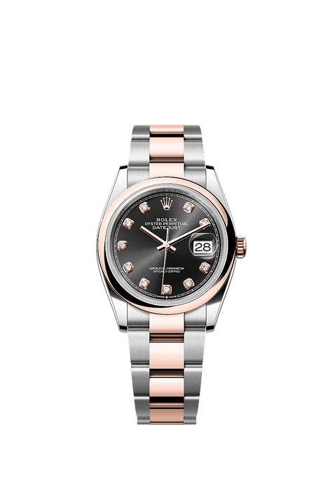 Rolex Two-Tone (RG/SS) Datejust - 36mm - Bright black Diamond Dial - Oyster