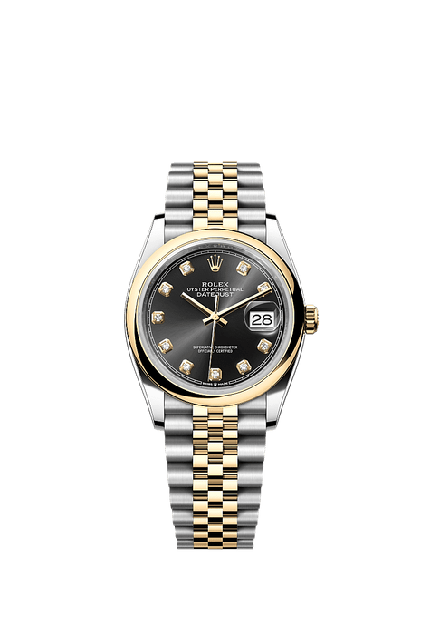 Rolex Two-Tone (YG/SS) Datejust - 36mm - Bright black Diamond Dial - Jubilee