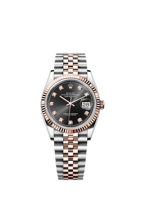 Rolex Two-Tone (RG/SS) Datejust - 36mm - Bright black Diamond Dial - Jubilee