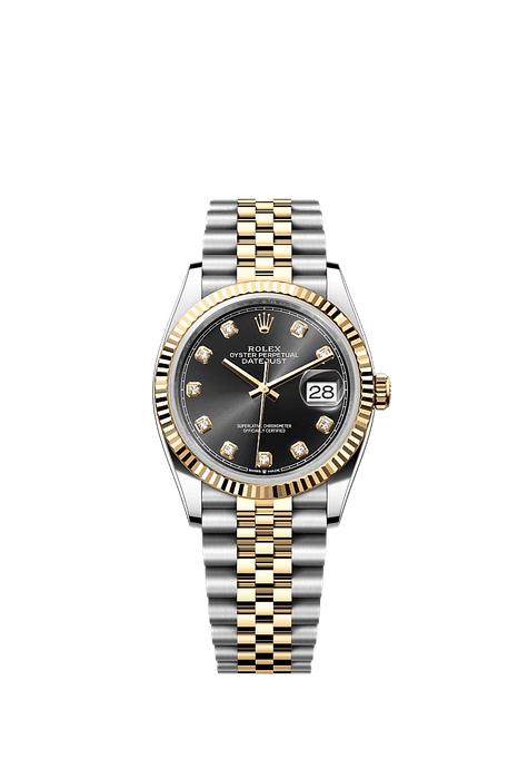 Rolex Two-Tone (YG/SS) Datejust - 36mm - Bright black Diamond Dial - Jubilee