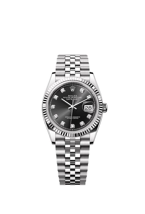 Rolex Stainless Steel Datejust - 36mm - Bright black Diamond Dial - Jubilee