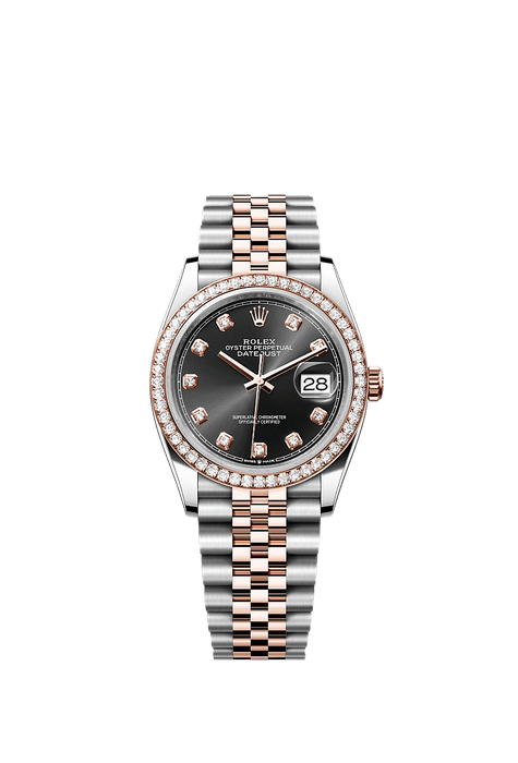 Rolex Two-Tone (RG/SS) Datejust - 36mm - Bright black Diamond Dial - Jubilee