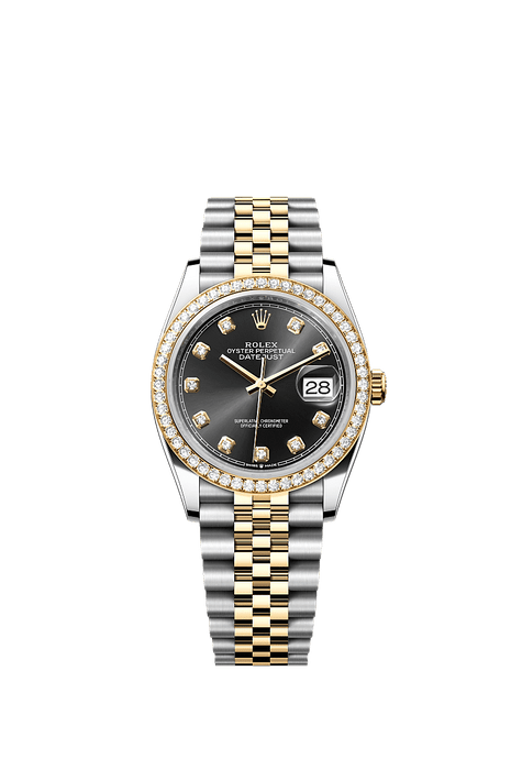 Rolex Two-Tone (YG/SS) Datejust - 36mm - Bright black Diamond Dial - Jubilee