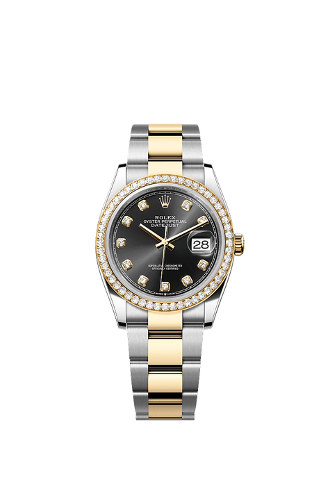 Rolex Two-Tone (YG/SS) Datejust - 36mm - Bright black Diamond Dial - Oyster