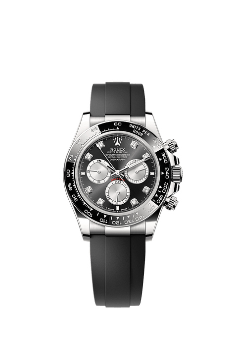 Rolex White Gold Daytona - 40mm - Bright black and steel Diamond Dial - Oysterflex