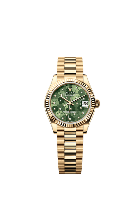 Rolex Yellow Gold Datejust - 31mm - Olive green, floral motif Diamond Dial - President