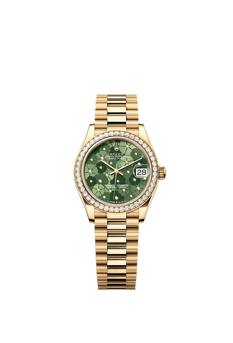 Rolex Yellow Gold Datejust - 31mm - Olive green, floral motif Diamond Dial - President