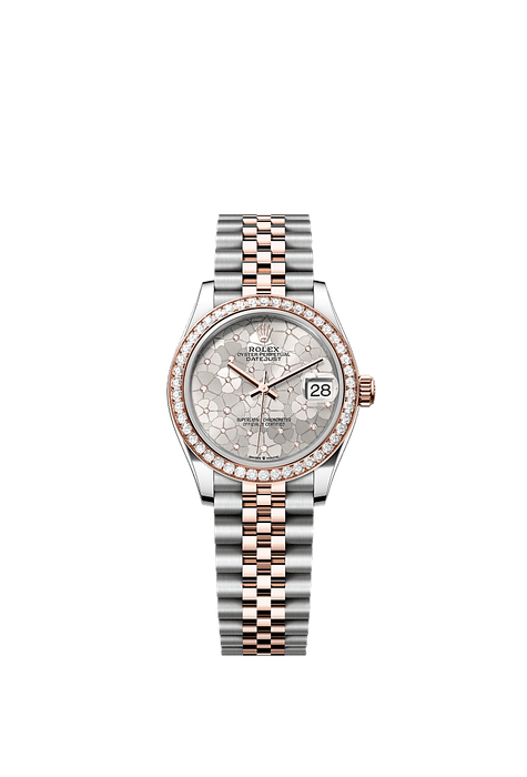 Rolex Two-Tone (RG/SS) Datejust - 31mm - Silver, floral motif Diamond Dial - Jubilee