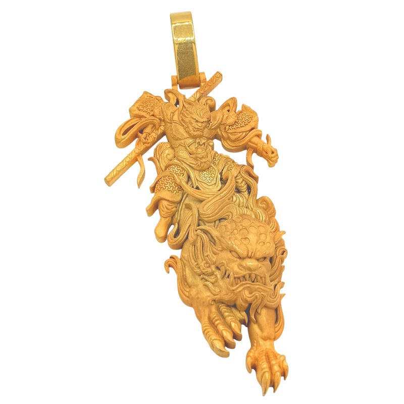 24K Yellow Gold Monkey King & Foo Dog Pendant