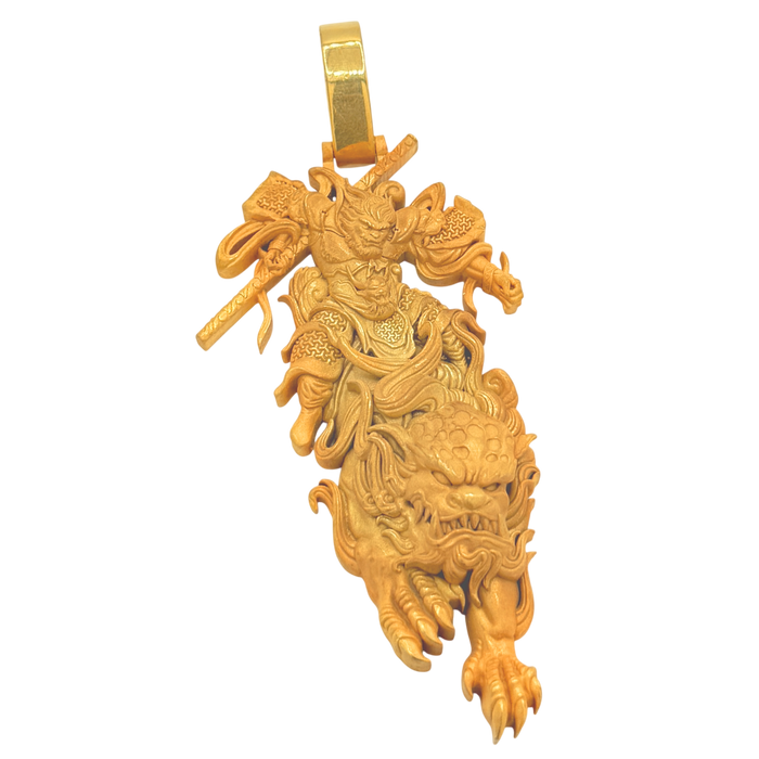 24K Yellow Gold Monkey King & Foo Dog Pendant