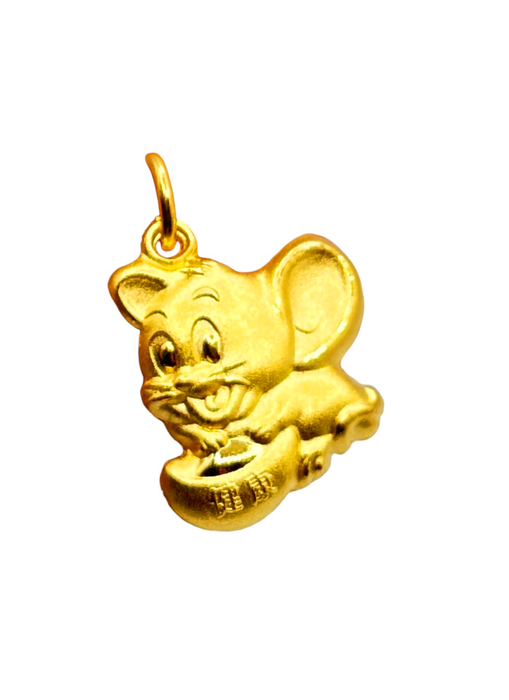 24K Yellow Gold Hollow Chinese Mouse Pendant