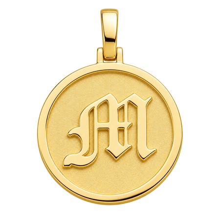 Old English "M" Pendant — polished yellow gold on transparent background