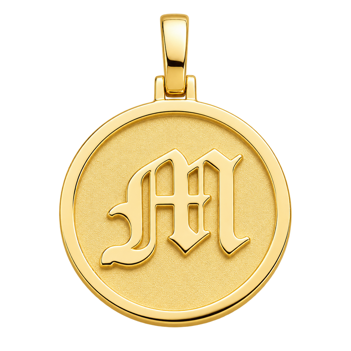 Old English "M" Pendant — polished yellow gold on transparent background