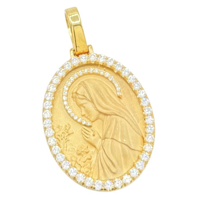 Praying Hands Virgin Mary Oval Pendant w/ Diamond Frame