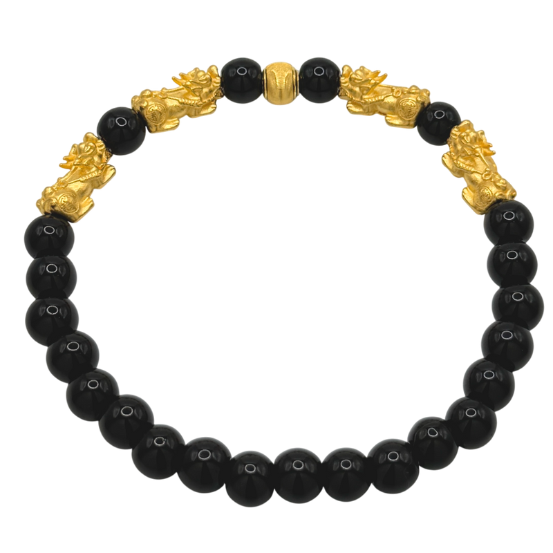 24K Yellow Gold Quadruple Pi Xiu Black Obsidian Bracelet
