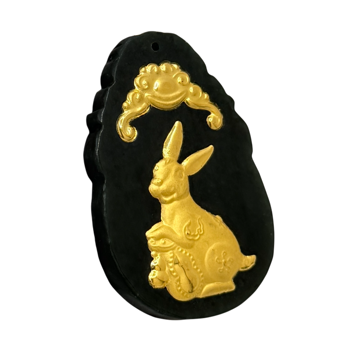 Natural Black Jade w/ 24K Rabbit Inlay
