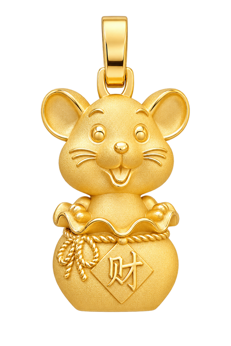 Rat and Money Bag Pendant — polished yellow gold on transparent background