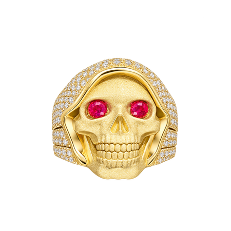 Red Eyed Santa Muerte Ring in yellow gold