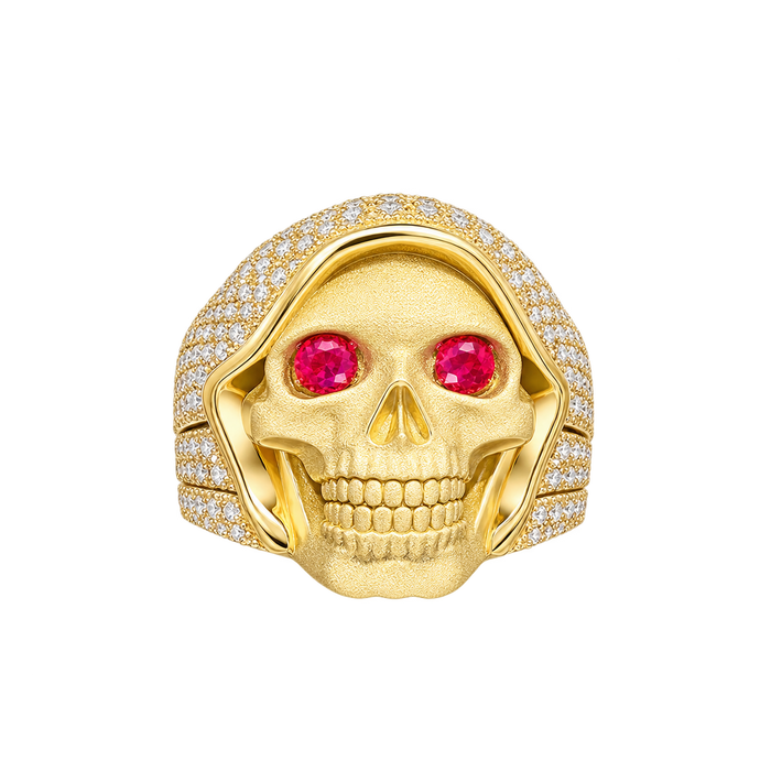 Red Eyed Santa Muerte Ring in yellow gold