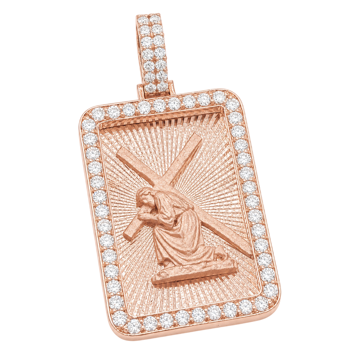 Jesus Carrying Cross Pendant w/ Diamond Frame