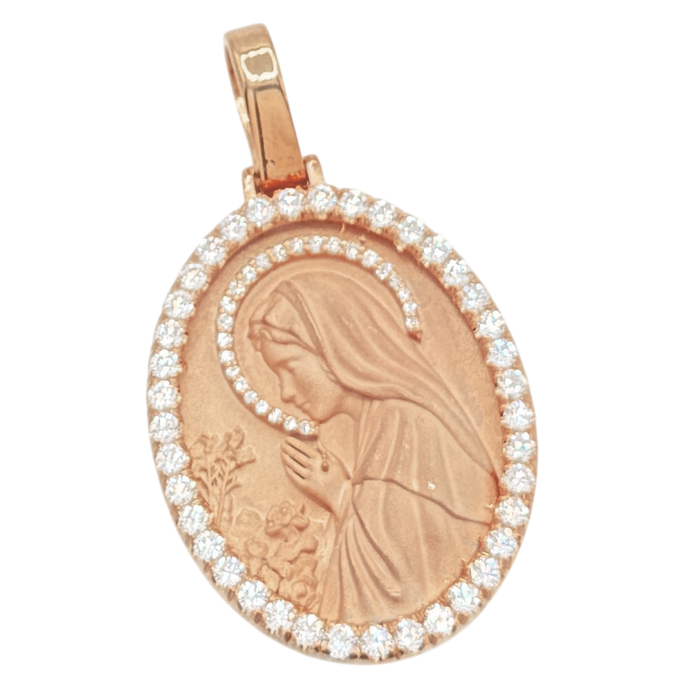 Praying Hands Virgin Mary Oval Pendant w/ Diamond Frame