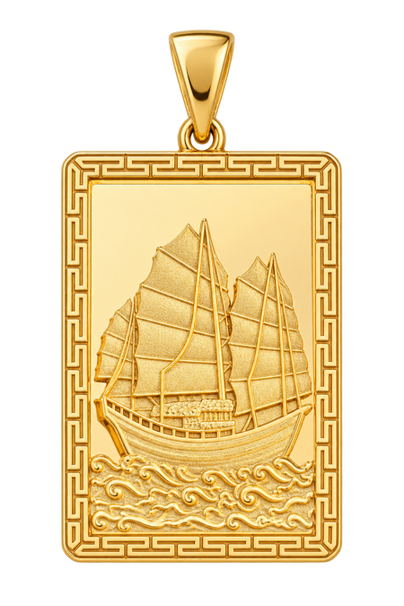 Sailing ship gold pendant with Greek key border