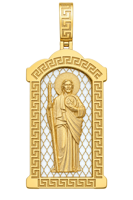 Saint Jude in Arch Frame Pendant — polished yellow gold on transparent background