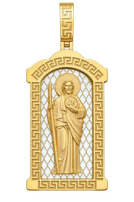 Saint Jude in Arch Frame Pendant — polished yellow gold on transparent background