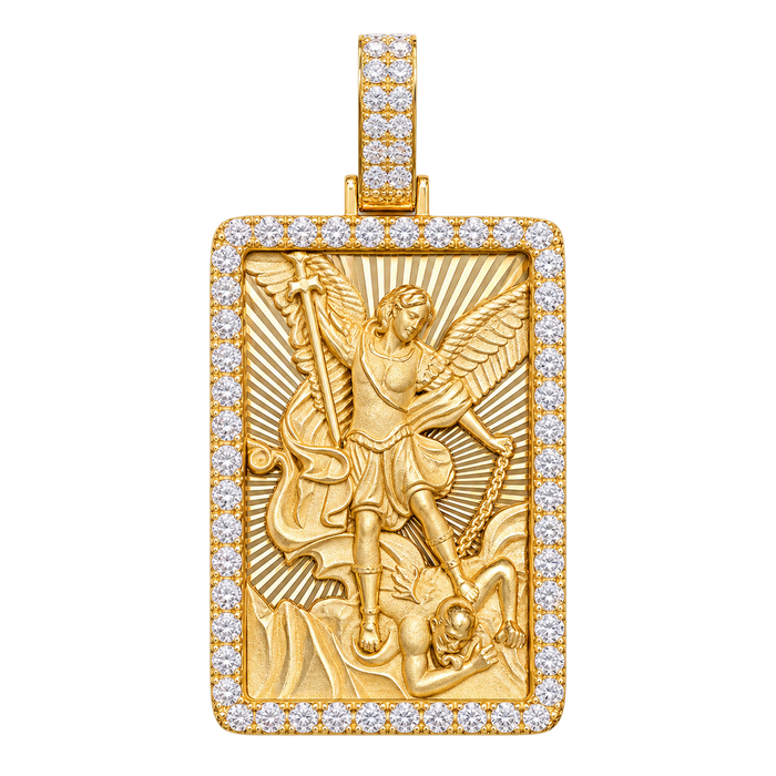 Saint Michael Archangel Diamond Framed Pendant in yellow gold on a transparent background