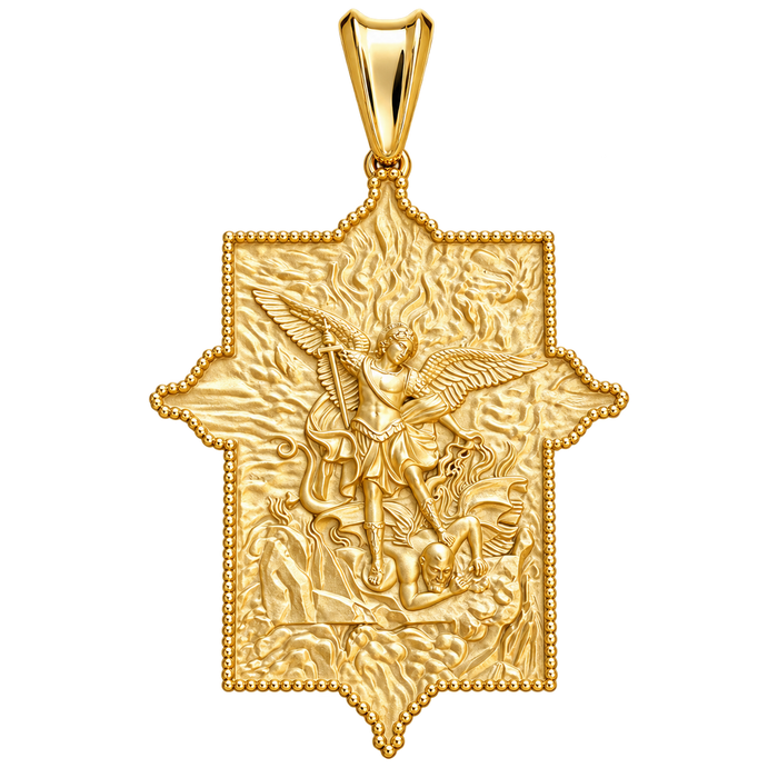 Saint Michael Archangel Pendant — polished yellow gold on transparent background